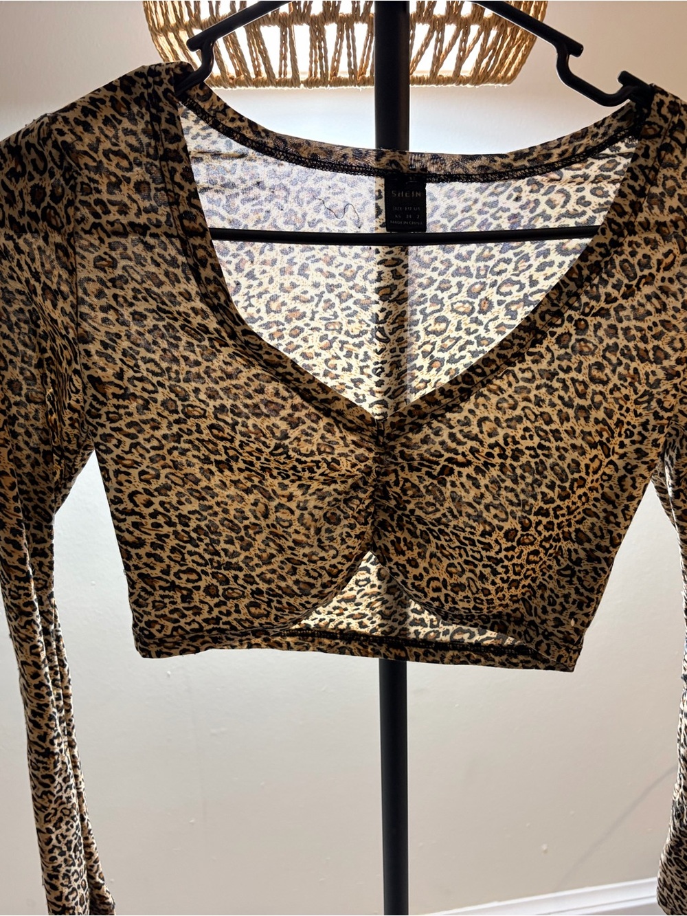 SHEIN Leopard Print Long Sleeve V-Neck Crop Top in Brown